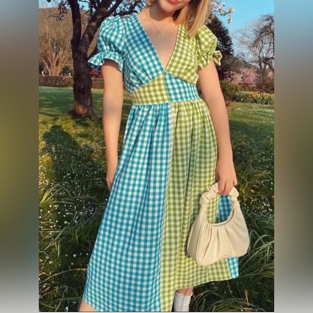 Molby The Label Women's Short Sleeve Gingham Tilda Dress green blue Size 18 - Picture 2 of 8